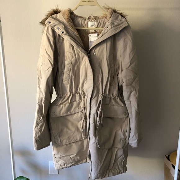 H&M Parka Faux Fur Hooded Y2K Jacket in Tan S - Picture 9 of 16